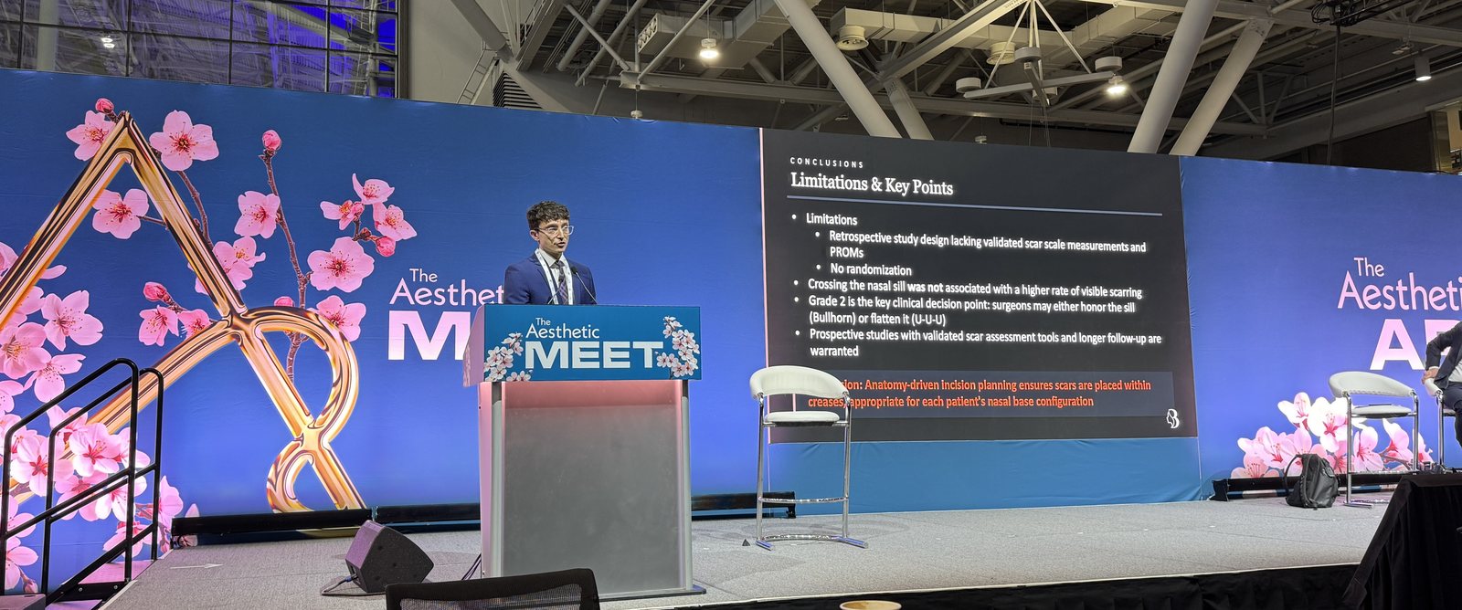 Dr. Andre Rafizadeh presenting his research on subnasal lip lift incision design at The Aesthetic MEET 2026, the Annual Meeting of The Aesthetic Society, in Boston