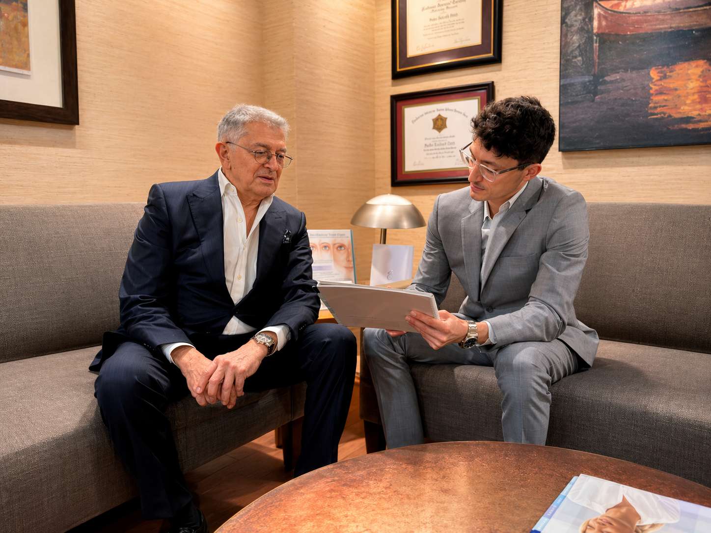 Dr. Farhad Rafizadeh and Dr. Andre Rafizadeh reviewing a patient plan together at Better Plastic Surgery in Morristown, NJ