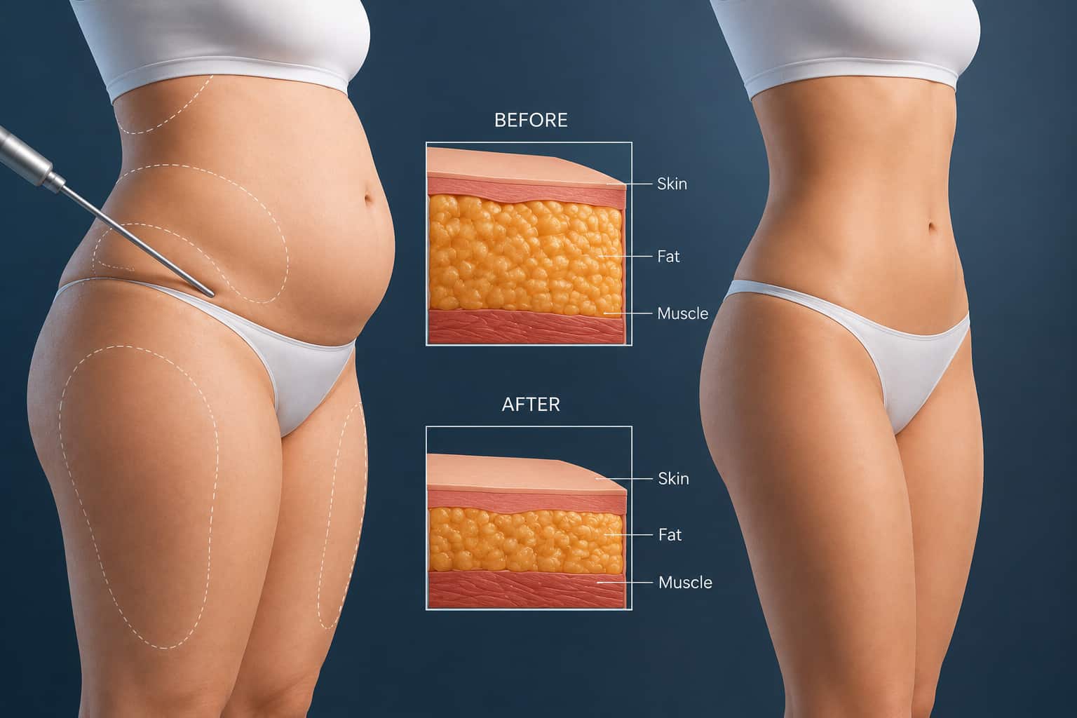 Illustrated depiction of liposuction body contouring procedure — representing the procedure as Dr. Rafizadeh performs it in Morristown, NJ.