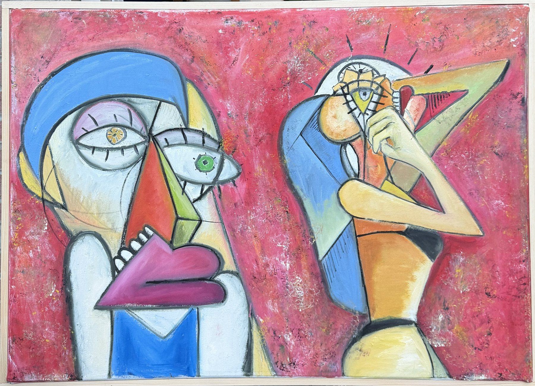 Cubist double portrait in oil by Dr. Andre Rafizadeh — two abstracted figures on a red ground